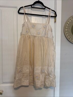 Cream Babydoll Embroidered Sundress with Spaghetti Straps